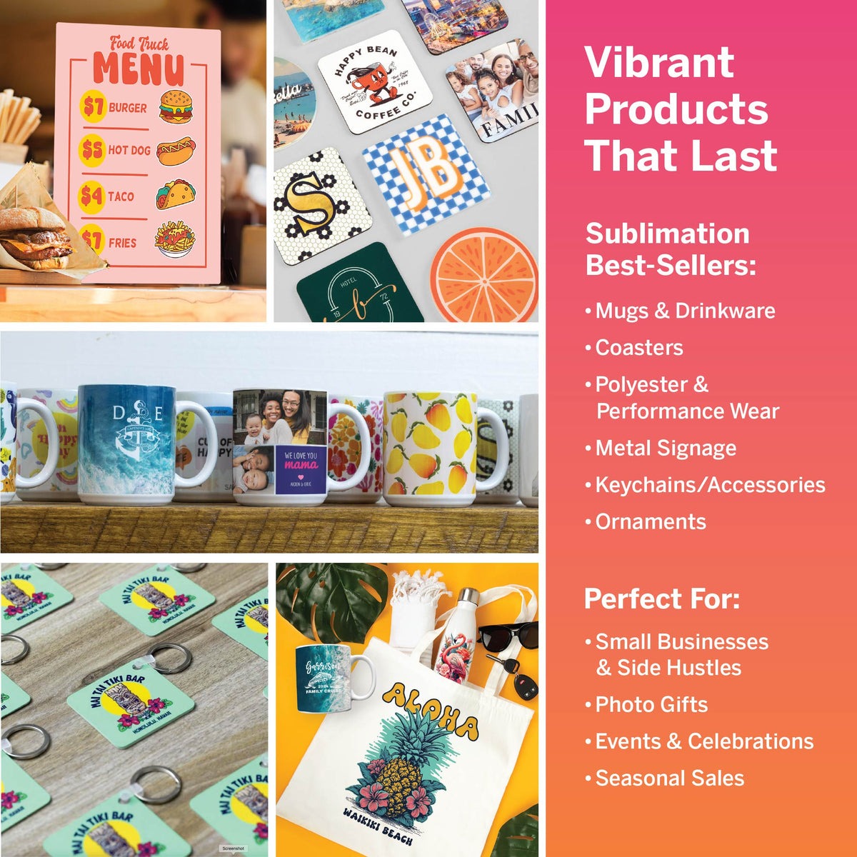 Current Sawgrass SubliJet UHD sublimation product examples including mugs, coasters, polyester products, metal signage, keychains, ornaments and photo gifts